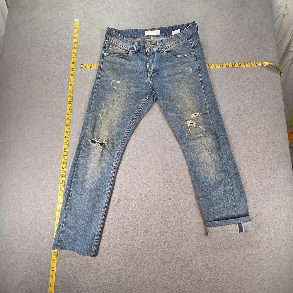 Selvedge‎ Jeans Mens Blue Slim Straight Leg Thrashed Altered Hem Zip Fits 28x26
